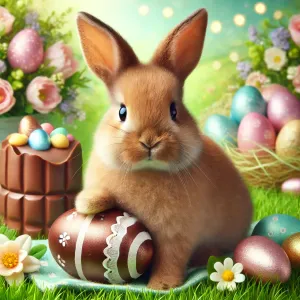 Dall·e 2025 03 10 15.08.29   a Realistic Easter Bunny Sitting Next to a Stack of Chocolate Easter Eggs With a Festive Spring Background. the Bunny Has Soft Brown Fur, Perked Ears,