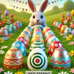Dall·e 2025 03 10 15.10.26   a Realistic Easter Bunny Wearing a Small Target Sash, Sitting Next to a Decorated Easter Egg With a Shooting Target Design. the Scene Is Festive With 